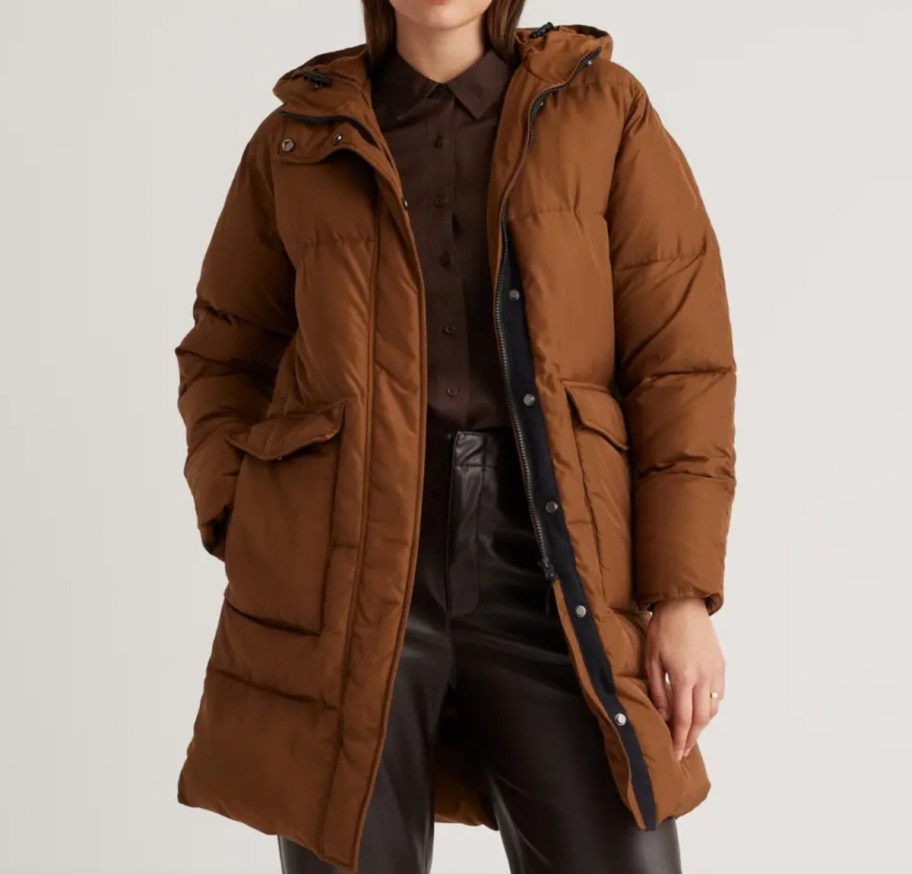 dark camel long parka