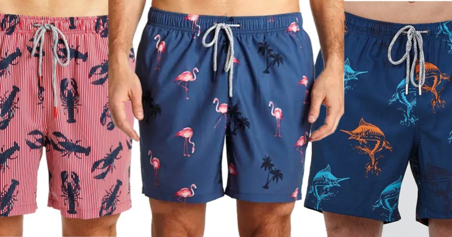 three men wearing red, and blue swimshorts