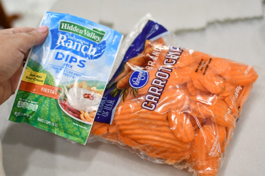 ranch dip fiesta flavor packet and carrot chips in a bag