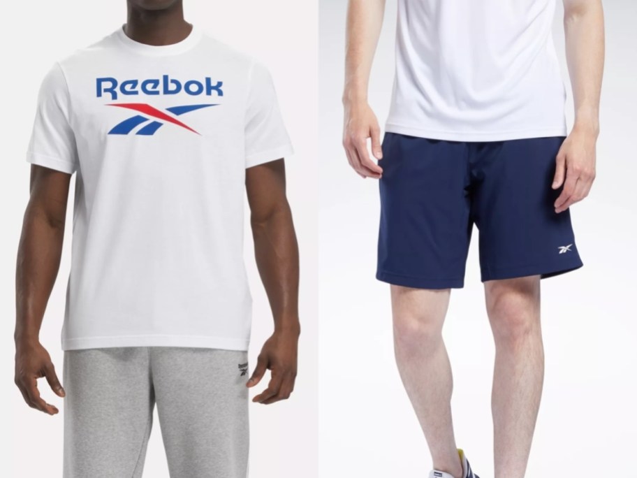 man wearing a white Reebok logo tshirtsand man wearing blue Reebok workout shorts