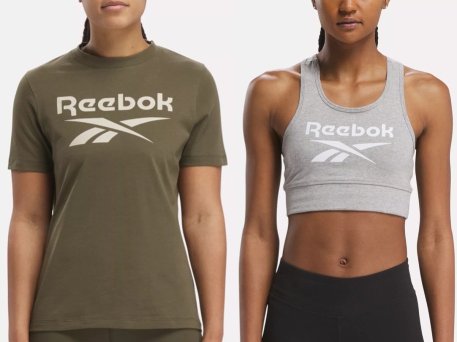 woman wearing an army green Reebok logo tshirt and woman wearing a light grey Reebok logo sports bra
