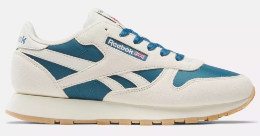 white and teal green kid's classic style Reebok shoe