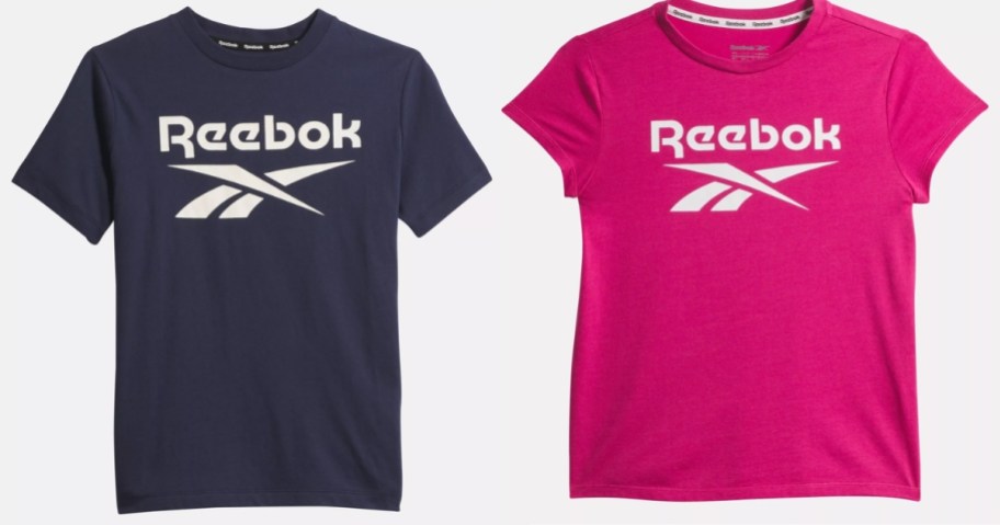 navy blue and bright pink kid's Reebok logo tshirts