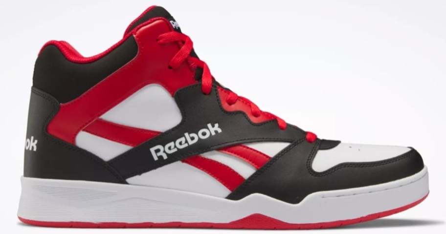 white, black, red men's Reebok high top shoe