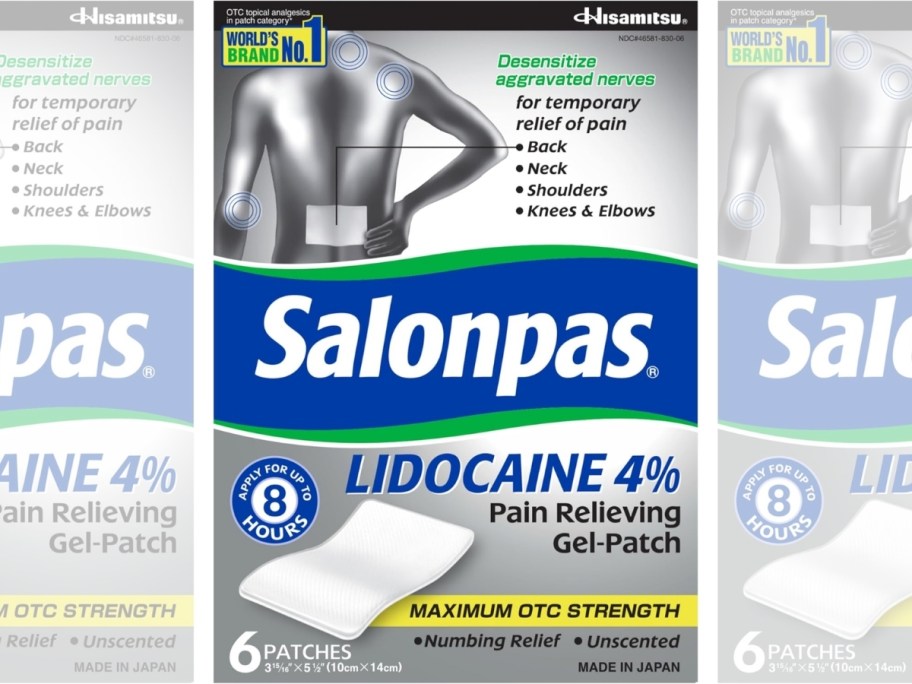 a 6 count box of salonpas lidocaine patches