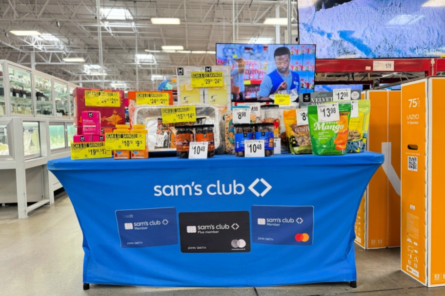 sam's club table with multiple sale items displayed