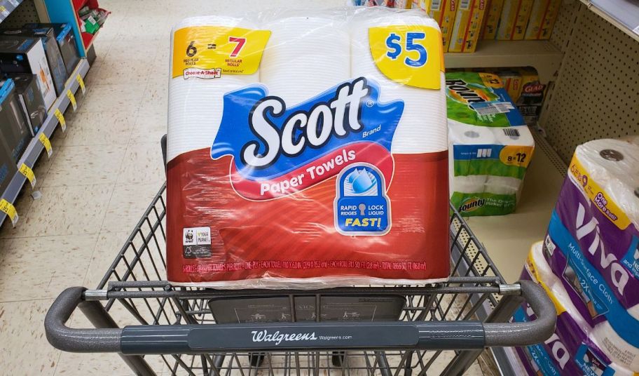 6 pack of scott paper towels in a walgreens cart