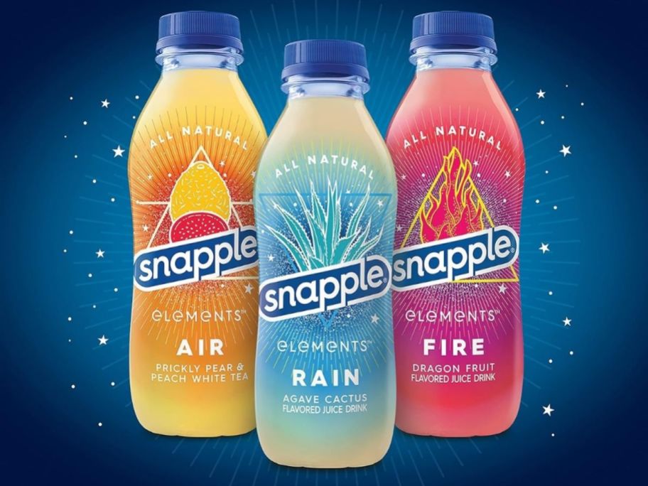 3 bottles of snapple elements drinks on blue background