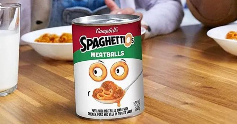 SpaghettiOs Canned Pasta with Meatballs, 15.6 oz Can on table