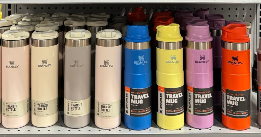 stanley transit buttles and Travel Mugs on shelf