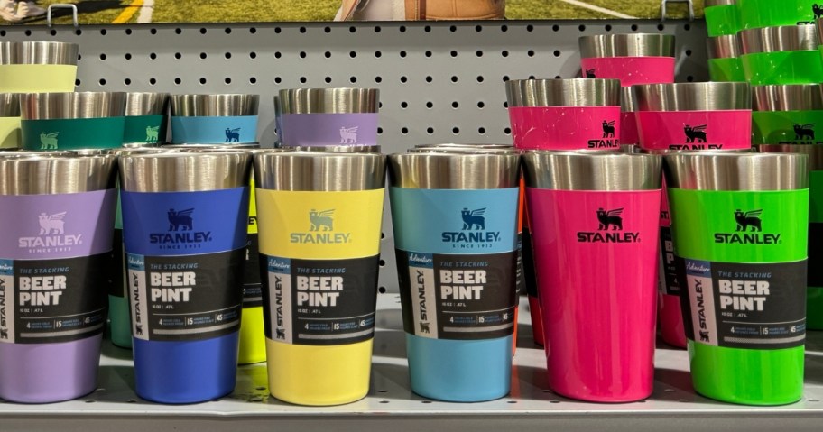 Stanley Pint Glasses in a variety of colors on a store shelf