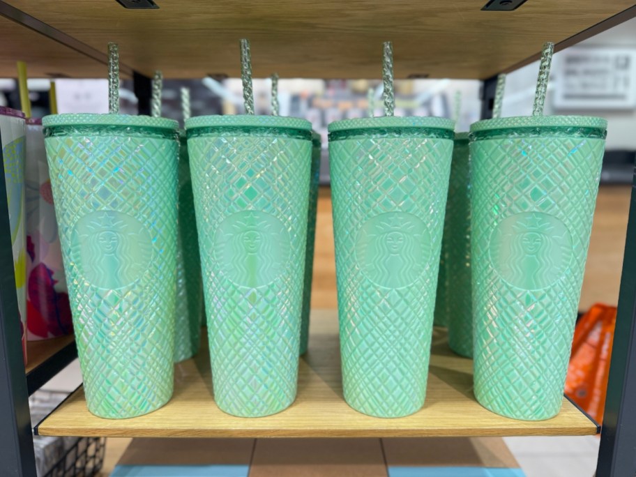 light green color Starbucks cold cup tumblers on shelf