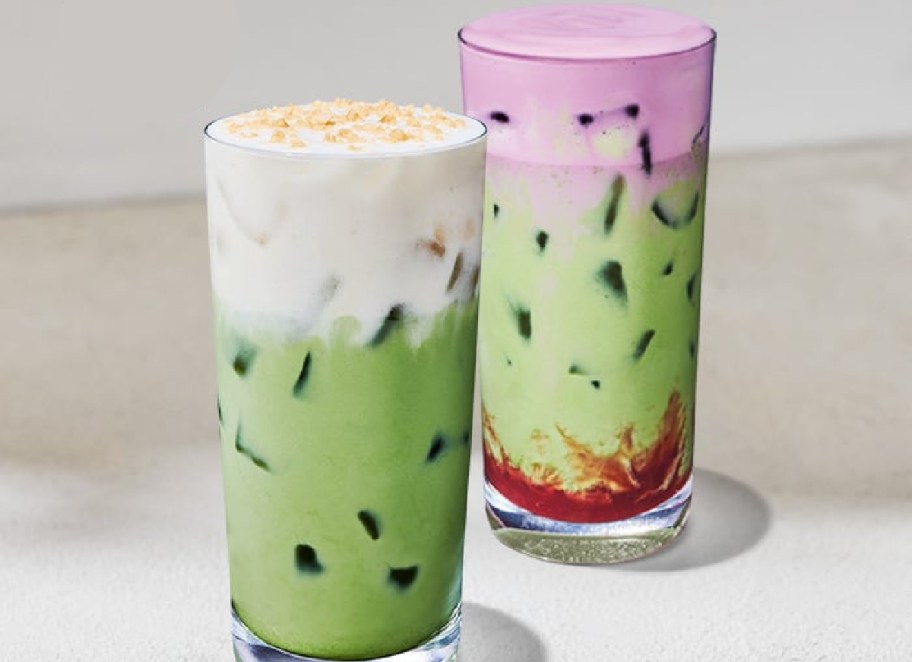 Two new matcha drinks in glasses with ice from Starbucks.