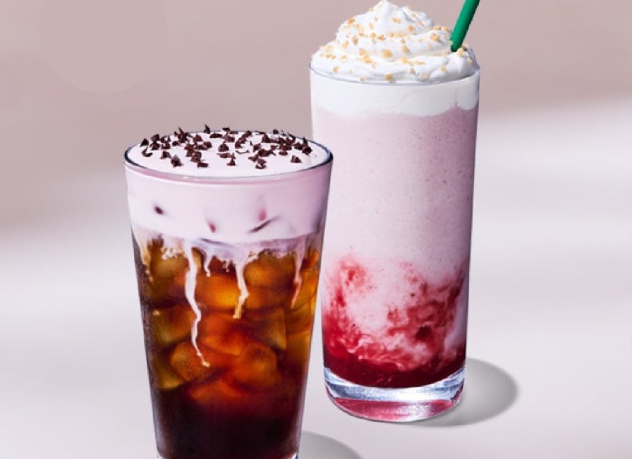 Two new drinks in glasses with ice from Starbucks.