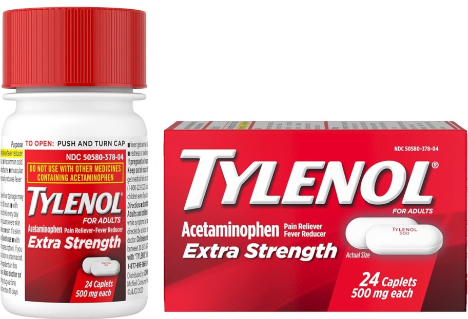 stock image of Tylenol caplets in bottle and in their box