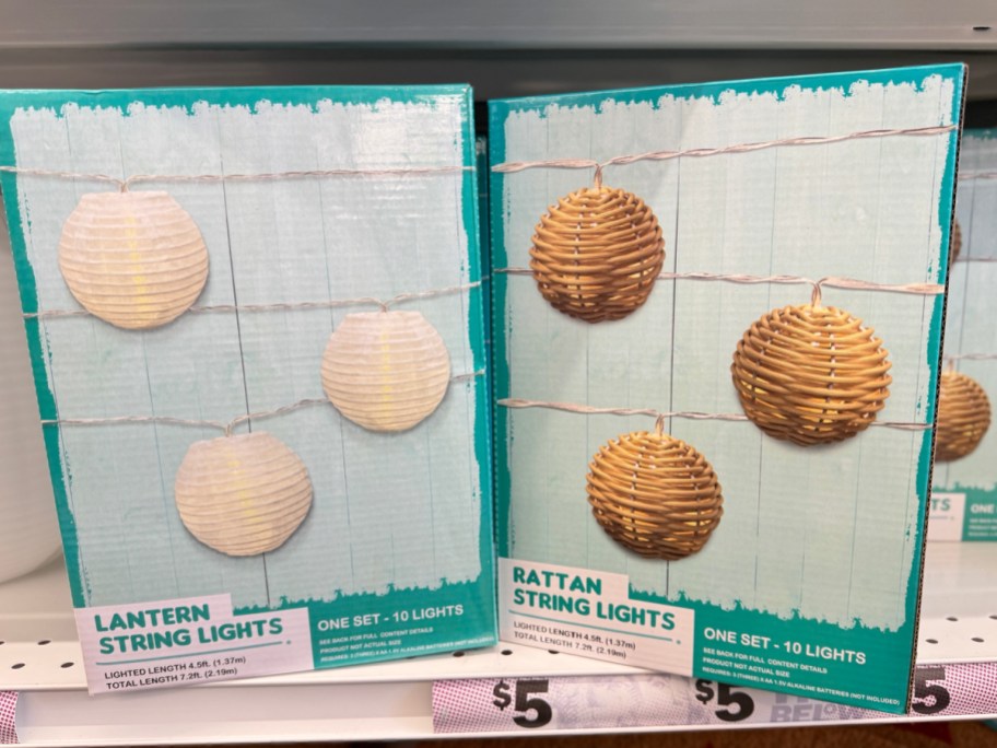 store display of rattan string lights with 5 price tag below