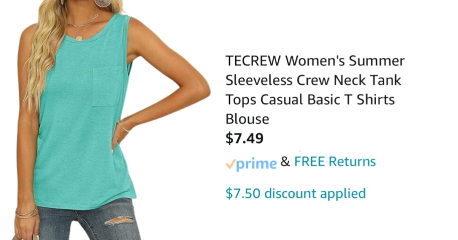 image showing woman wearing a mint/teal green tank top and the product and pricing details with the final cost and discount