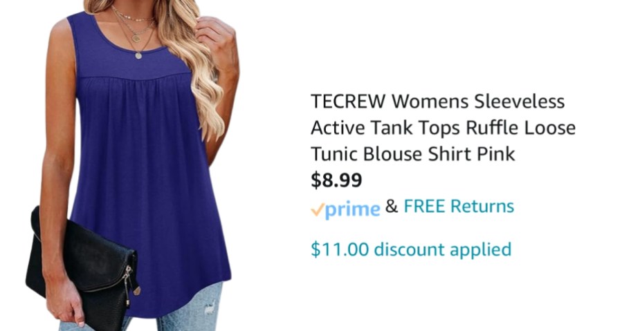 image showing woman wearing a royal blue tank top and the product and pricing details with the final cost and discount