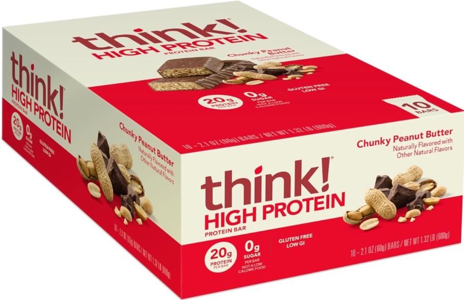 a 10 count box of chunky peanut butter think high protein bars