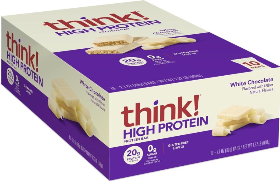 a 10 count box of think high protein white chocolate bars