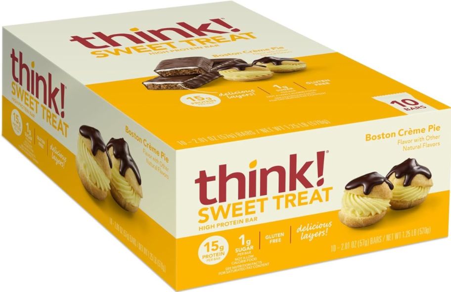 a box of think protein bars in boston creme pic flavor
