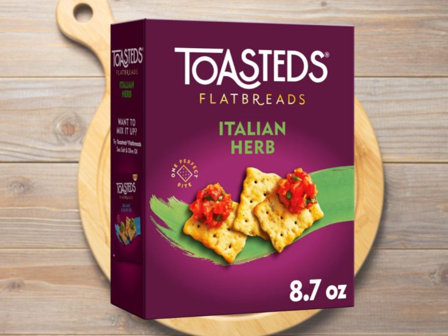 box of toasteds crackers with wood background