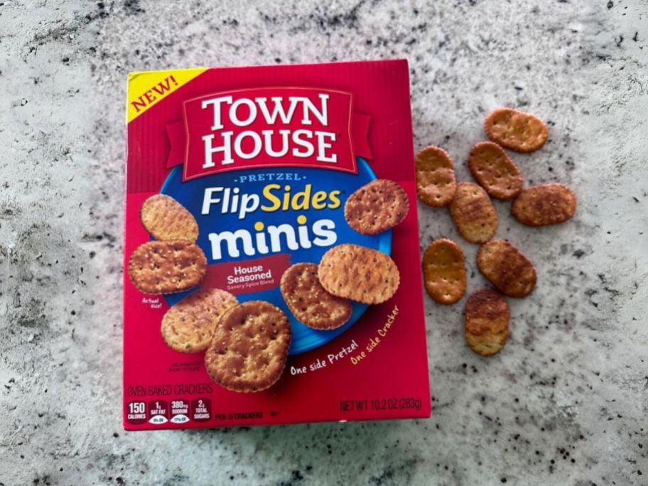 town house flipsides mini crackers on table next to box