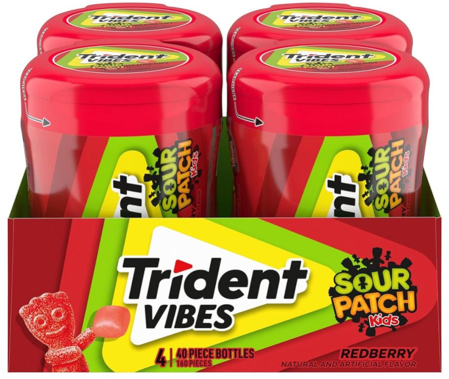 Trident vibes sour patch kids four pack bottles on white background
