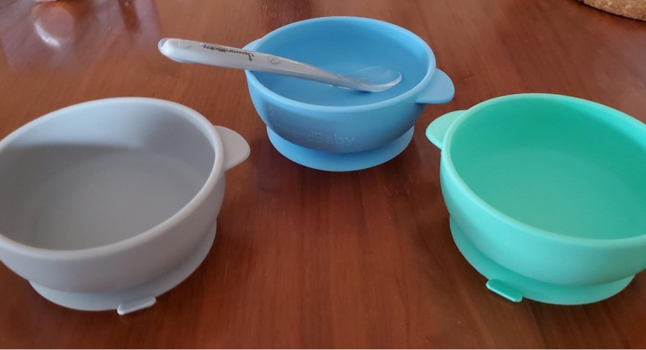grey blue and teal baby suction bowls