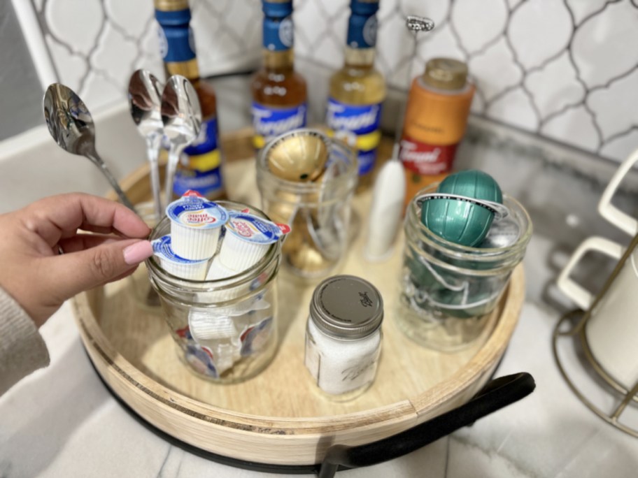 using mason jars to organize coffee bar tray