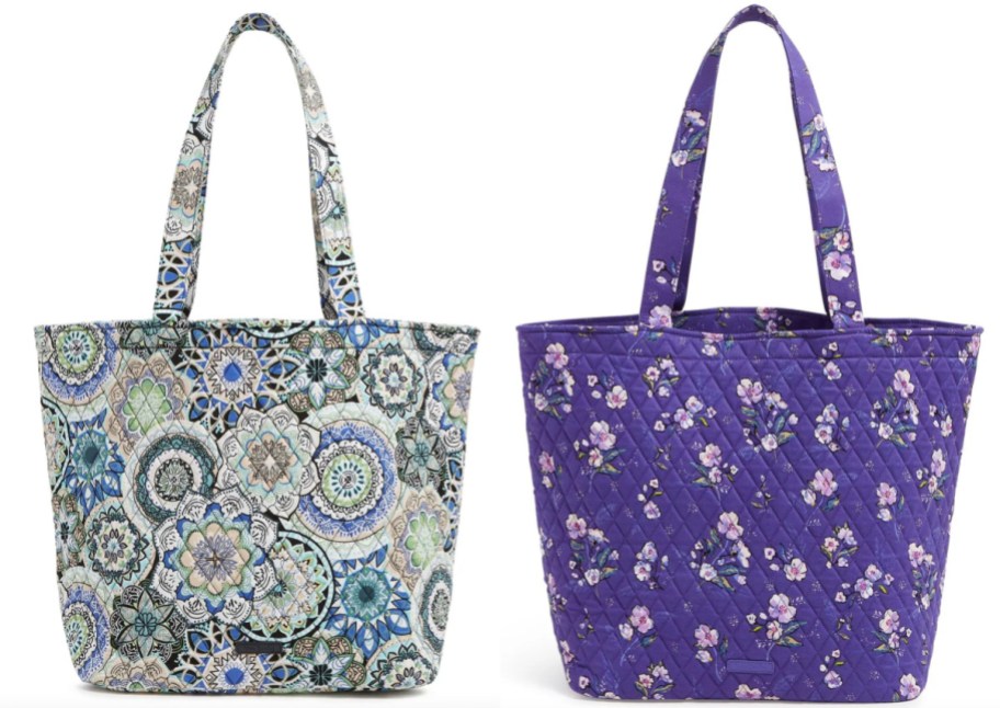 purple floral and blue patchwork tote bags
