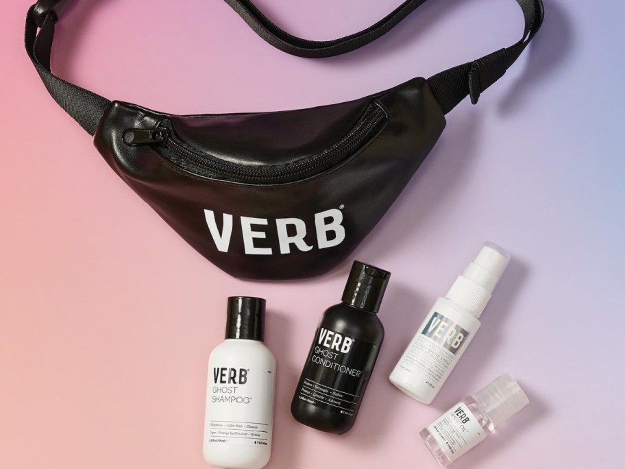 verb fanny pack with travel haircare products