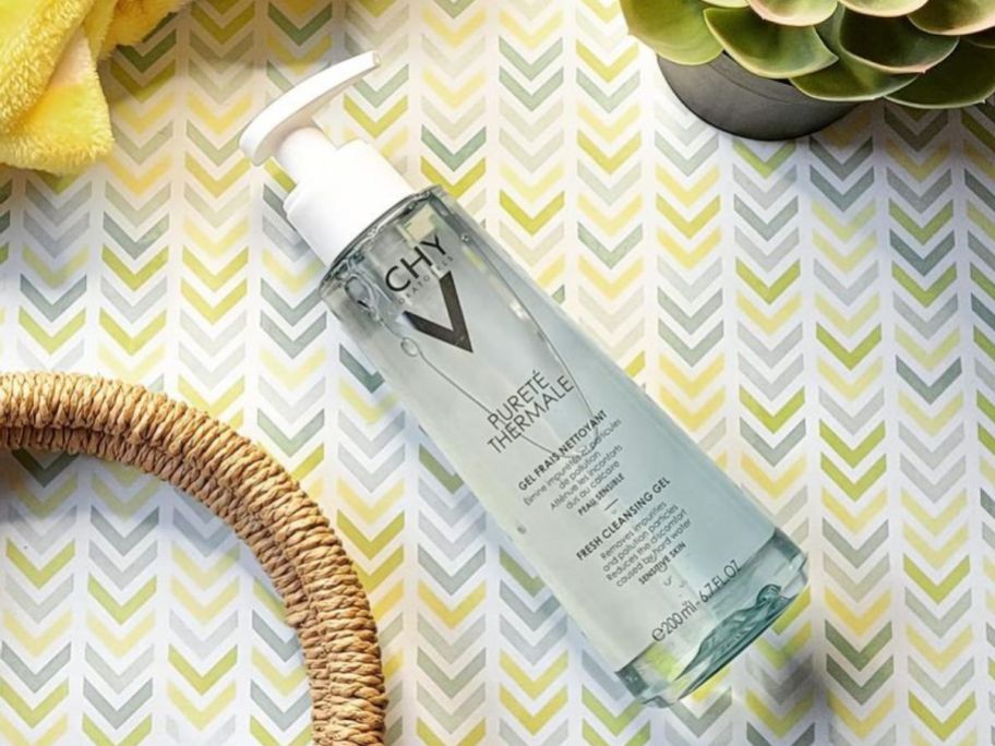 vichy gel cleanser on patterned table 