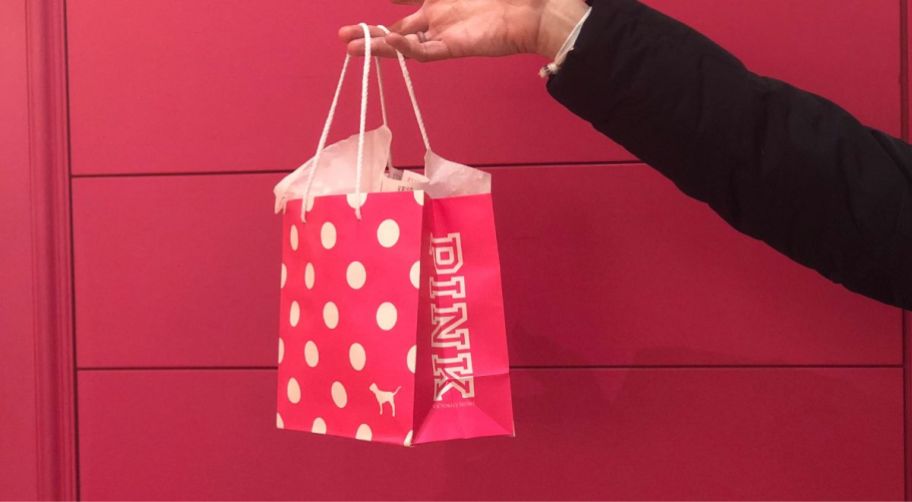a womans hand holding a vs ink bag