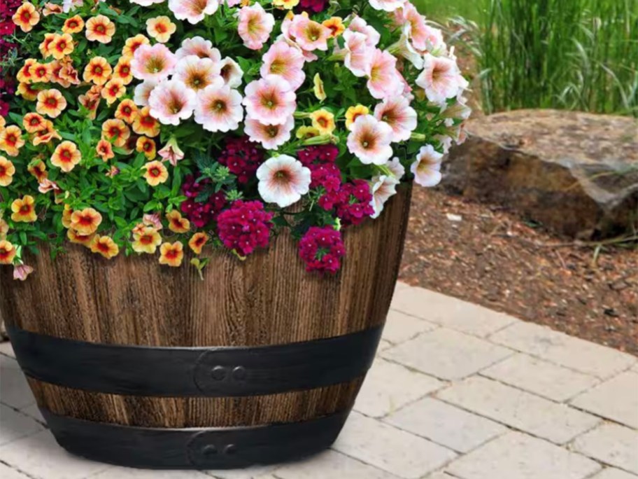 brown planter with yellow and white flowers