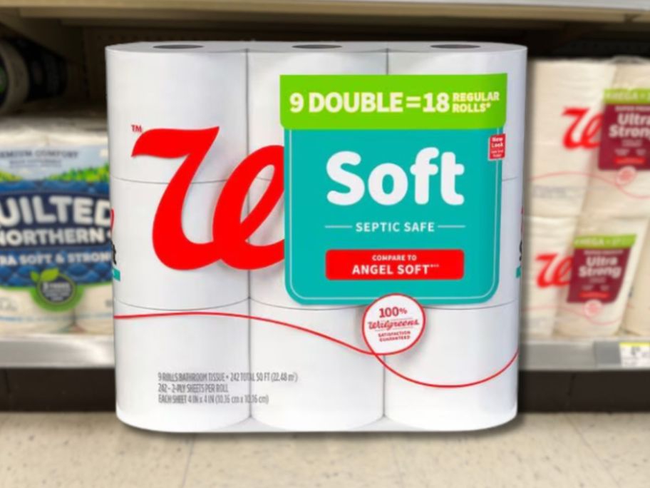 walgreens 9 pack of toilet paper over shelf background