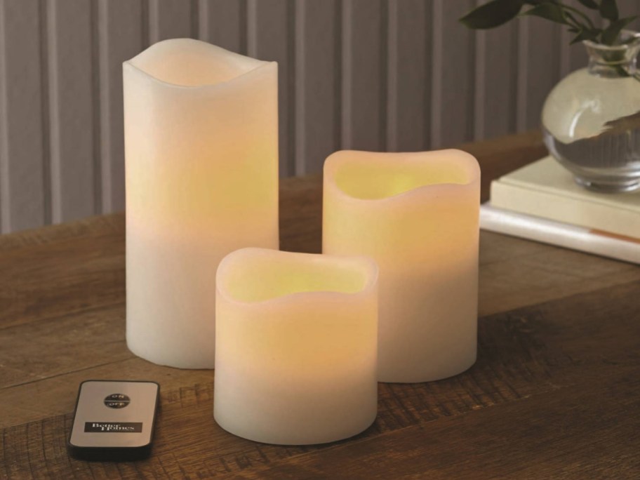 three flameless LED candles