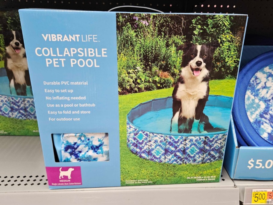 collapsible pet pool in box on store shelf