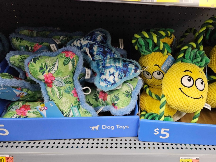 Bone shaped and pineapple shaped Dog Toys in bin on shelf at Walmart