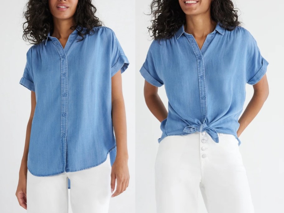 women wearing a blue chambray button up top