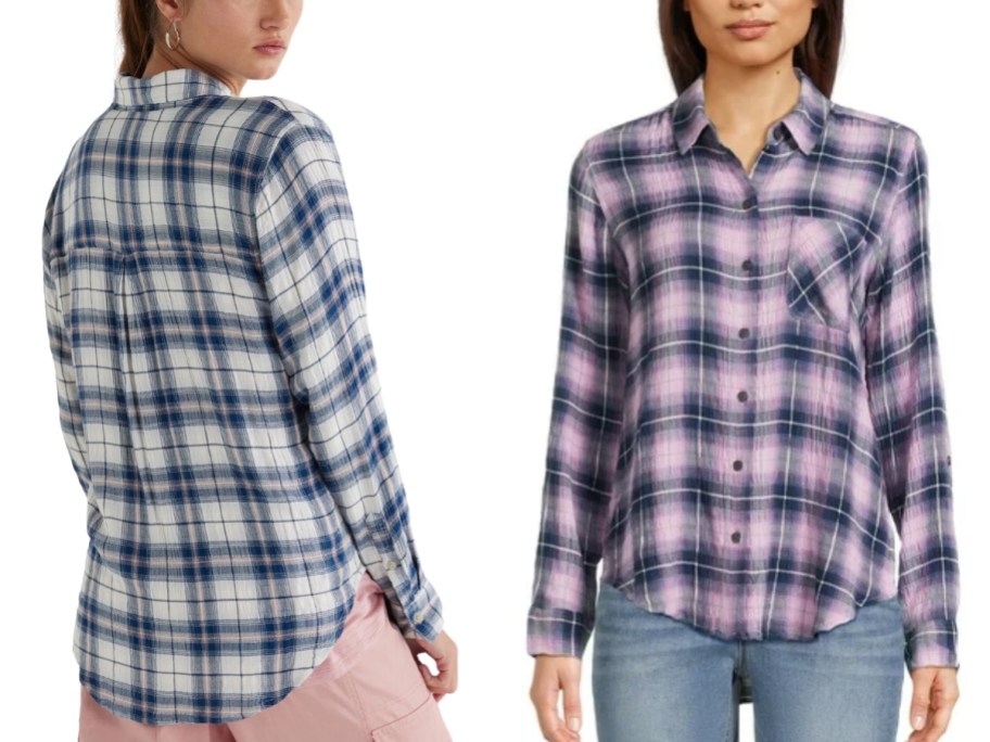 women wearing plaid button down shirts