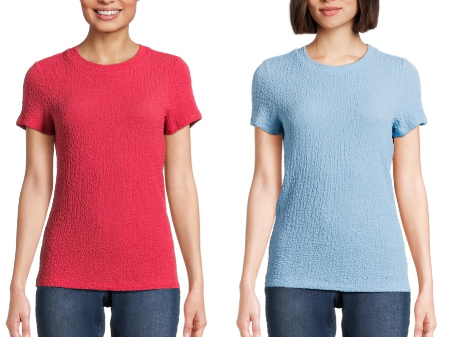 women wearing different color pucker knit short sleeve tops