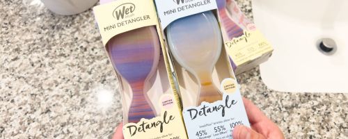 Wet Brush Desert Afterglow 4-Piece Detangler & Hairbrush Set being held by hand above counter