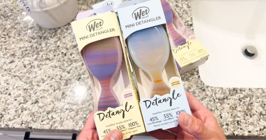 Wet Brush Desert Afterglow 2-Piece Detangler & Hairbrush Set being held by hand above counter