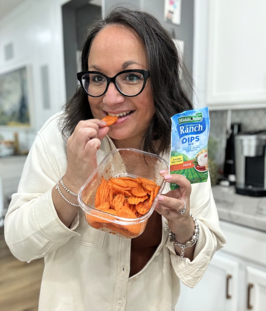 woman eating ranch seasoned carrot chips