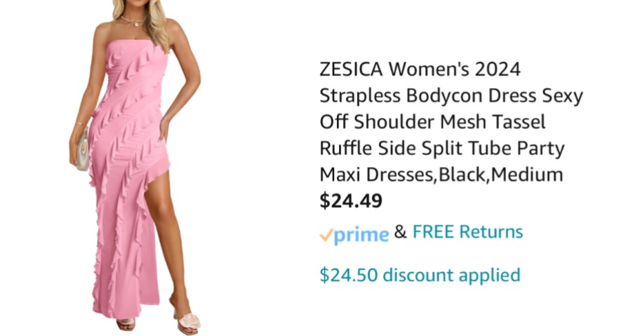 image of a woman wearing a strapless ruffled body con dress with the product info, discount and final price