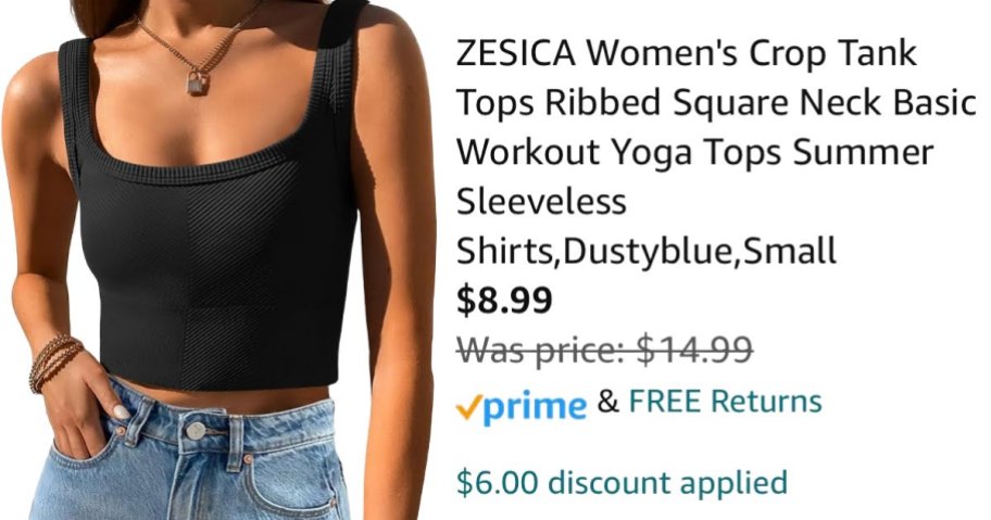 woman wearing black tank top next to Amazon pricing information