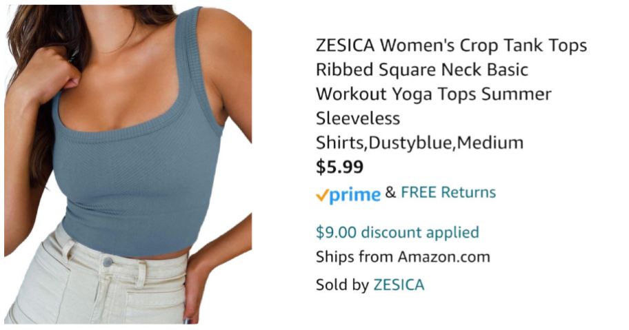 woman wearing blue tank top next to Amazon pricing information
