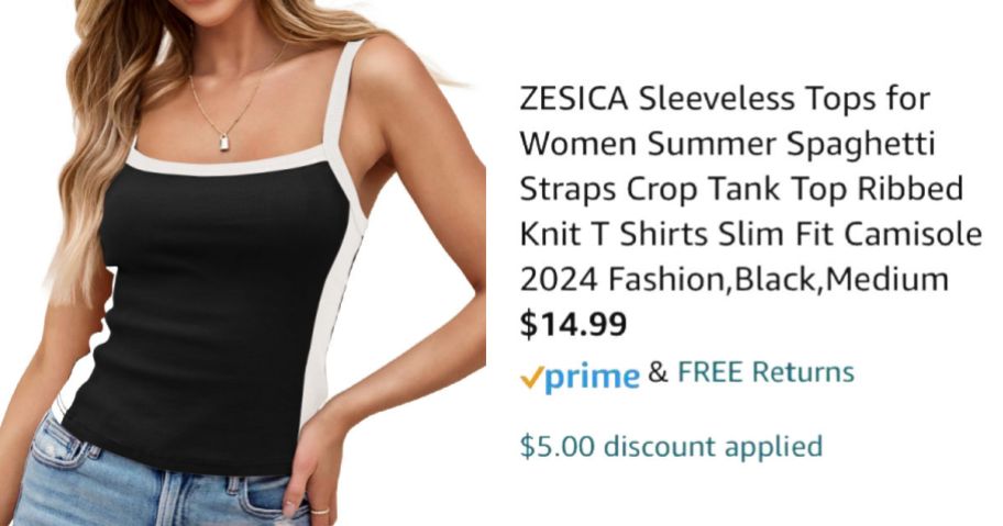 woman wearing black tank top next to Amazon pricing information