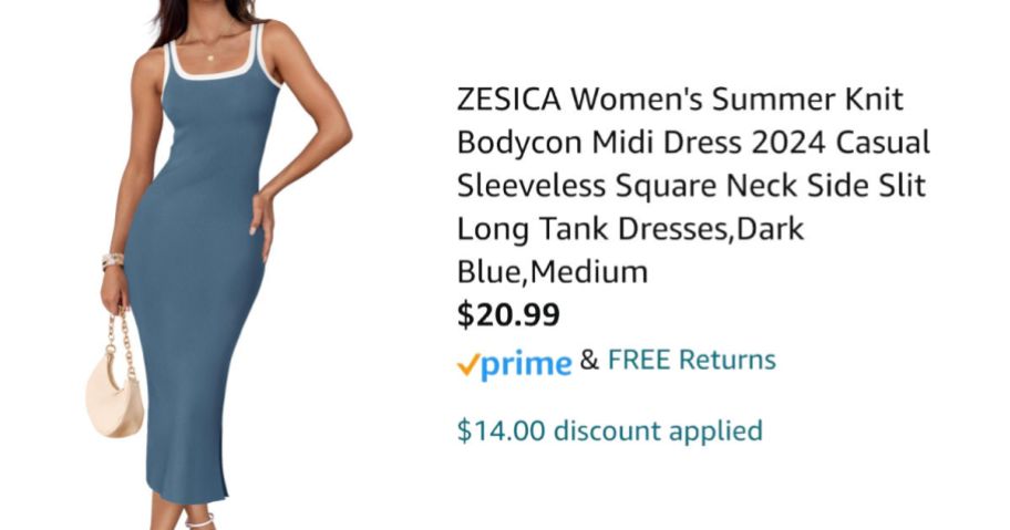 woman wearing blue tank dress next to Amazon pricing information